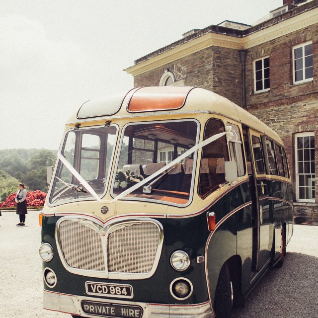 Wedding bus at Jamie and Ariko's Wedding at Boconnoc House in Cornwall. This wedding was planner by Jenny Wren wedding planner in Cornwall.