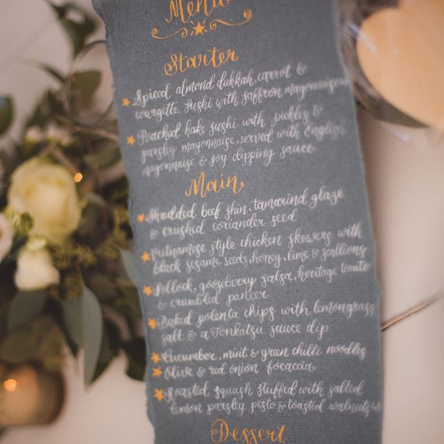The menu at Louise and Ian's wedding in Cornwall. This picture was taken during a wedding planned by Jenny Wren, Wedding Planner in Cornwall.