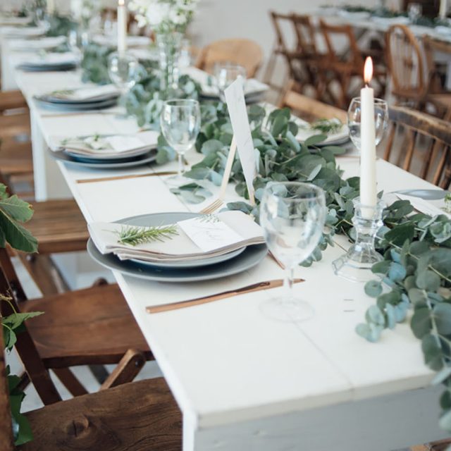 Zoomed out shot of the place setting at styled wedding shoot at Camel Studio, Cornwall