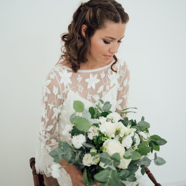 Bride and her bouquet at styled wedding shoot at Camel Studio, Cornwall