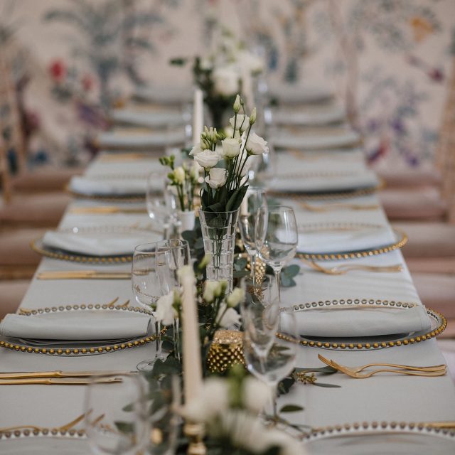 Full table setting at a styled wedding shoot with Jenny Wren Wedding Planner at Boconnoc House, Cornwall