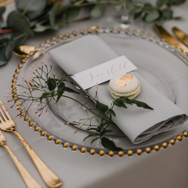 Place settings at a styled wedding shoot with Jenny Wren Wedding Planner at Boconnoc House, Cornwall