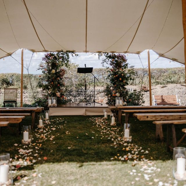 Picture of the aisle at an outdoor wedding, with petals spread all the way down it.